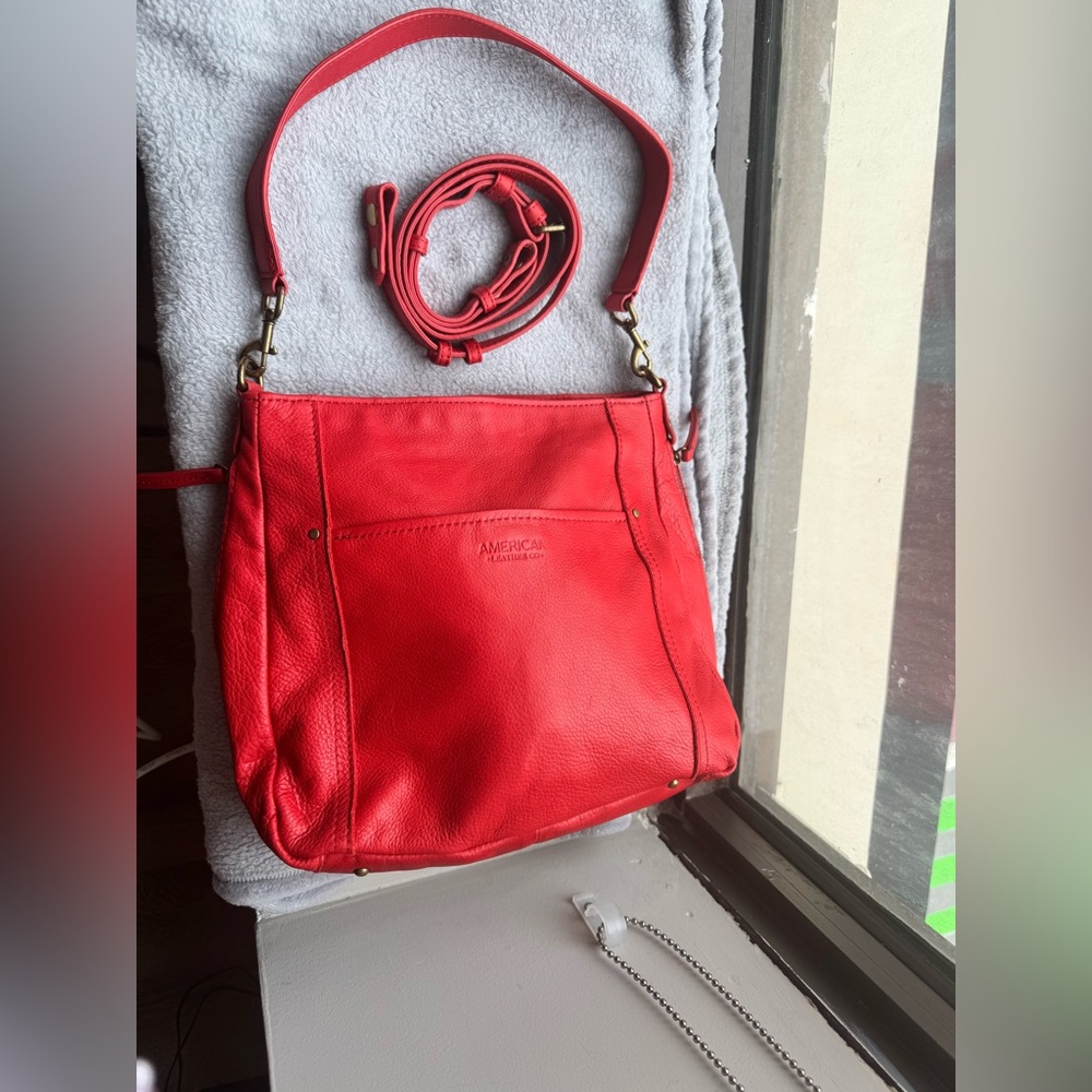 Vibrant Red Leather Shoulder/ Crossbody Bag with Adjustable Strap